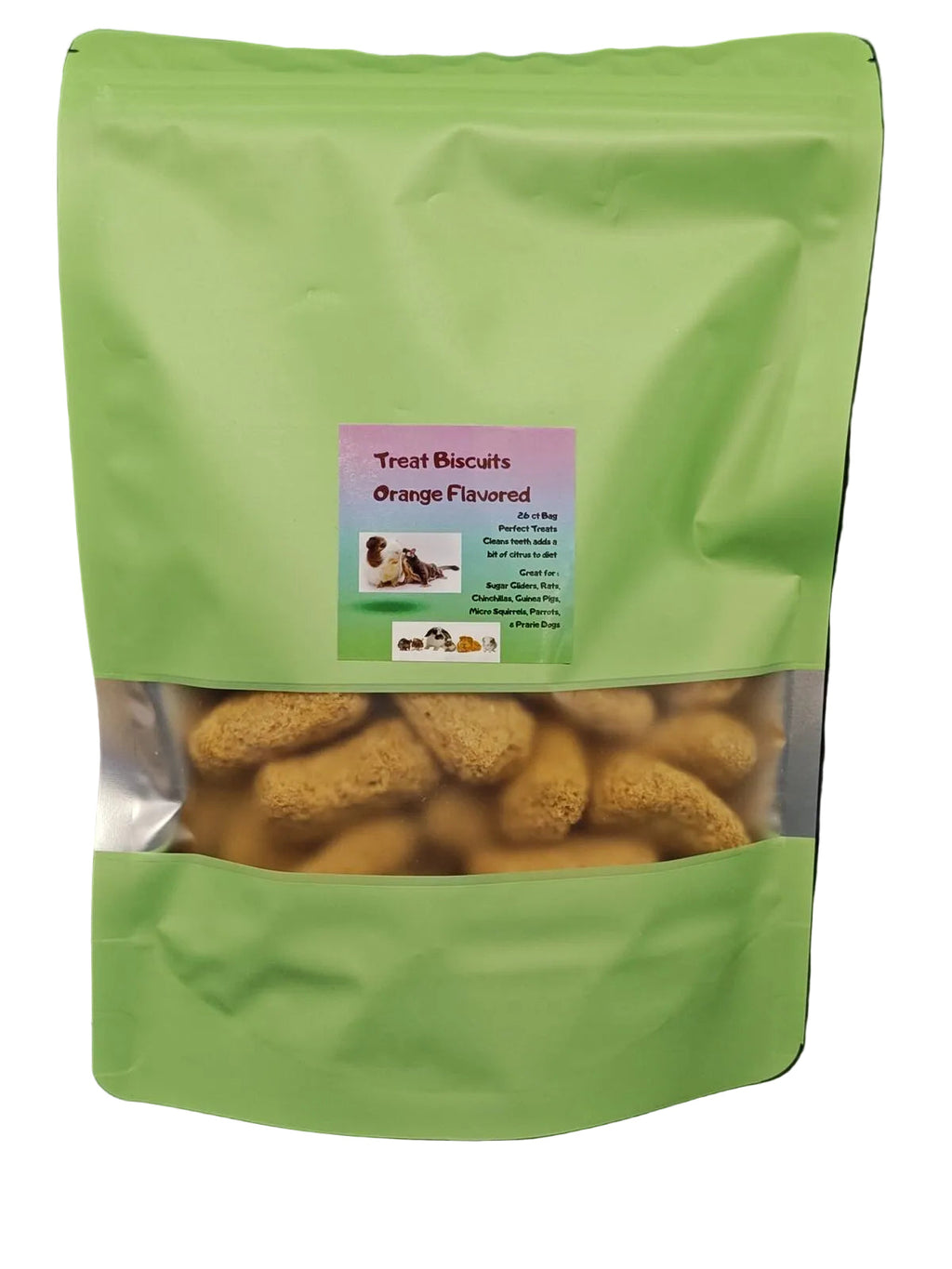 A green stand-up pouch of orange-flavored dog treat biscuits with a clear window showing the treats inside, on a white background.
