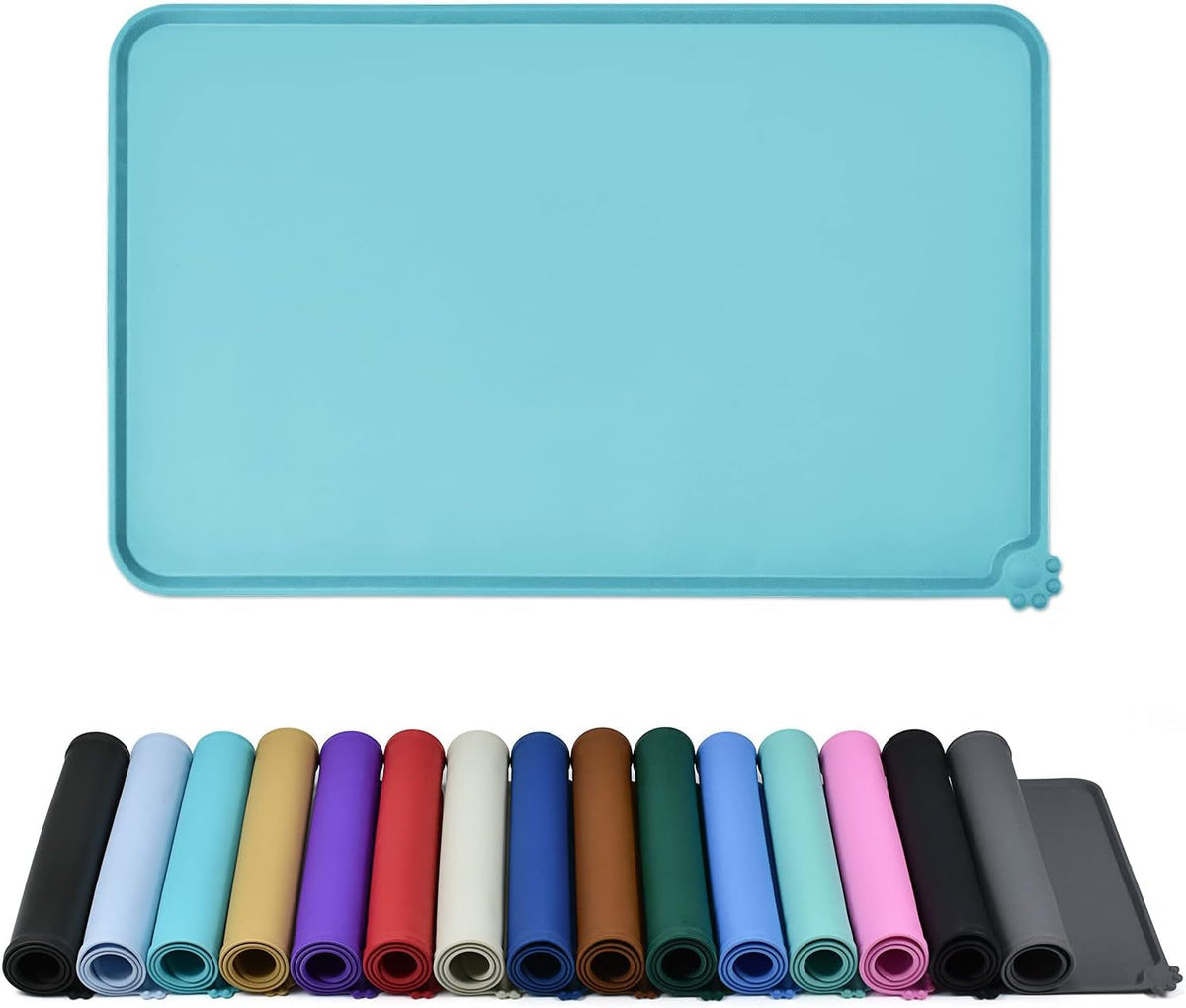 Turquoise raised-edge silicone feeding mat above rolled mats in multiple colors.
