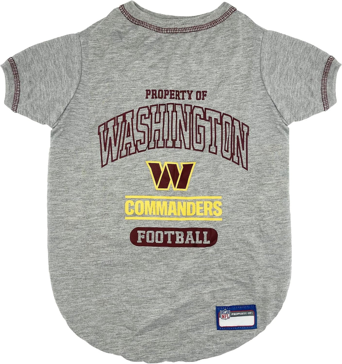 A heather gray short-sleeve dog shirt featuring a Washington Commanders football graphic on the front, with a small NFL logo patch near the bottom hem.