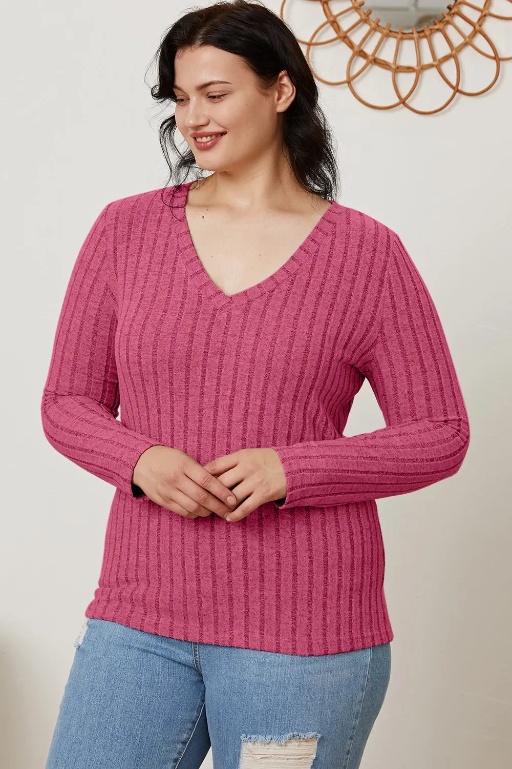 Basic Bae Ribbed V-Neck Long Sleeve Top