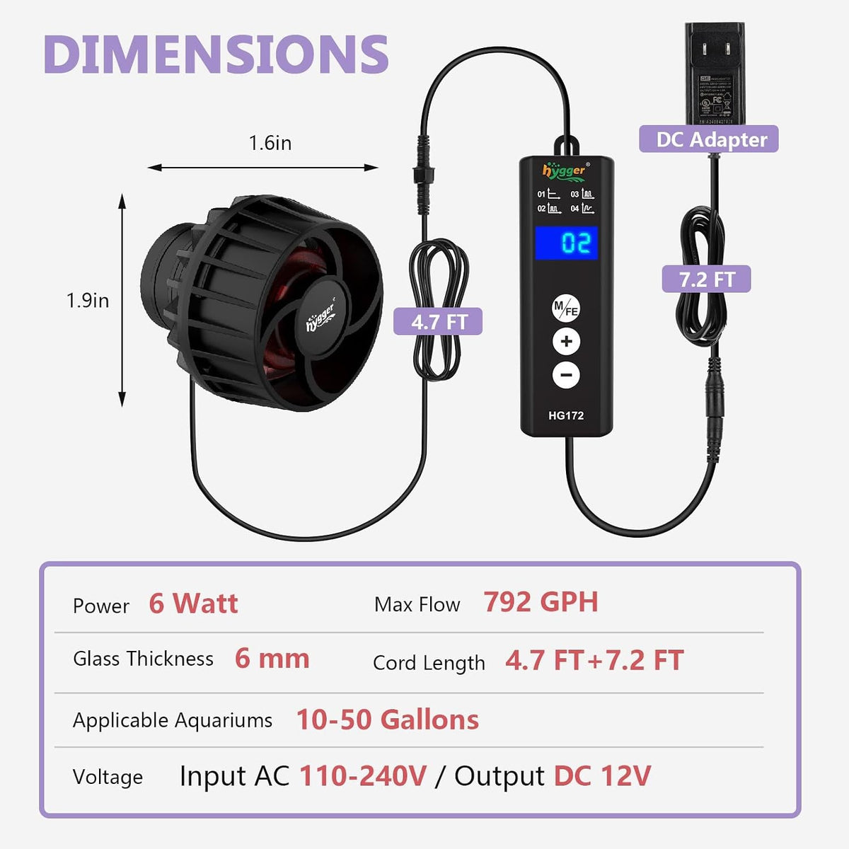“Dimensions and specifications graphic for Hygger 792 GPH 6W aquarium wave maker”
