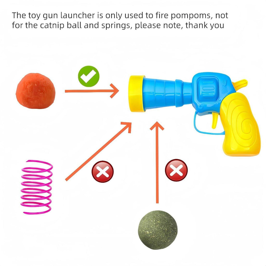 Toy gun launcher with pom-pom, catnip ball, and spring on a white background