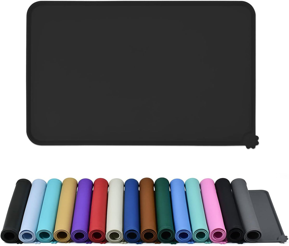 Charcoal raised-edge silicone feeding mat above rolled mats in multiple colors.
