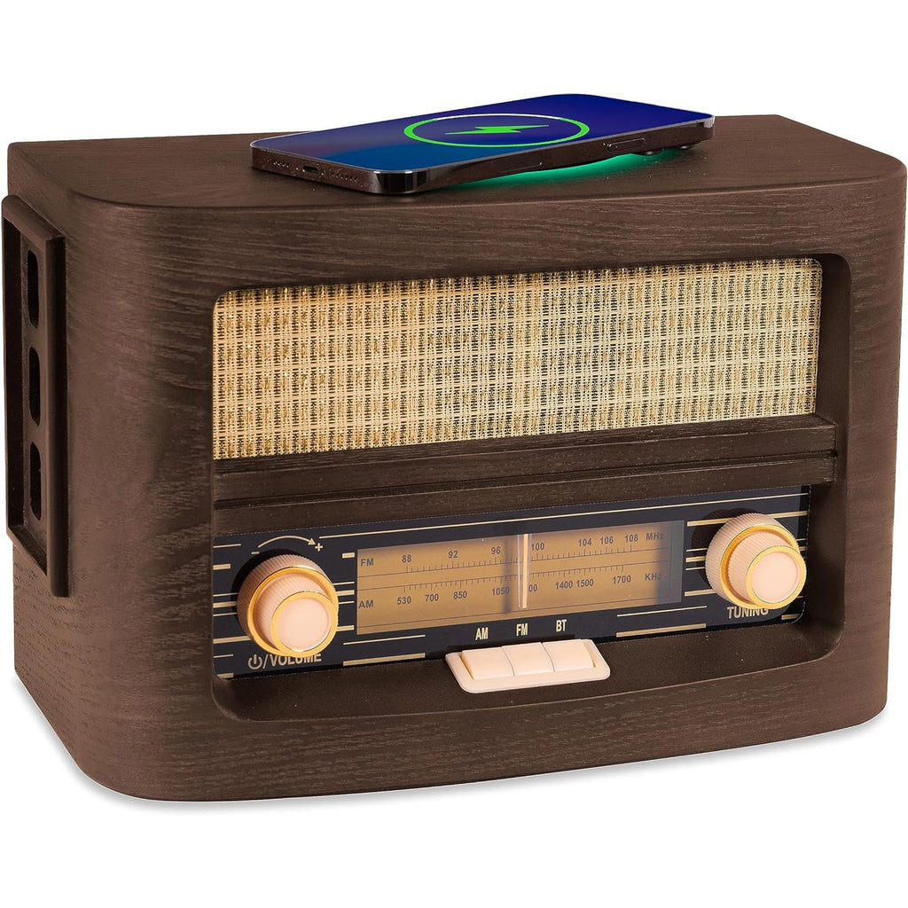 Retro Vintage Radio with Qi Wireless Charging, Bluetooth 5.1 & AM/FM