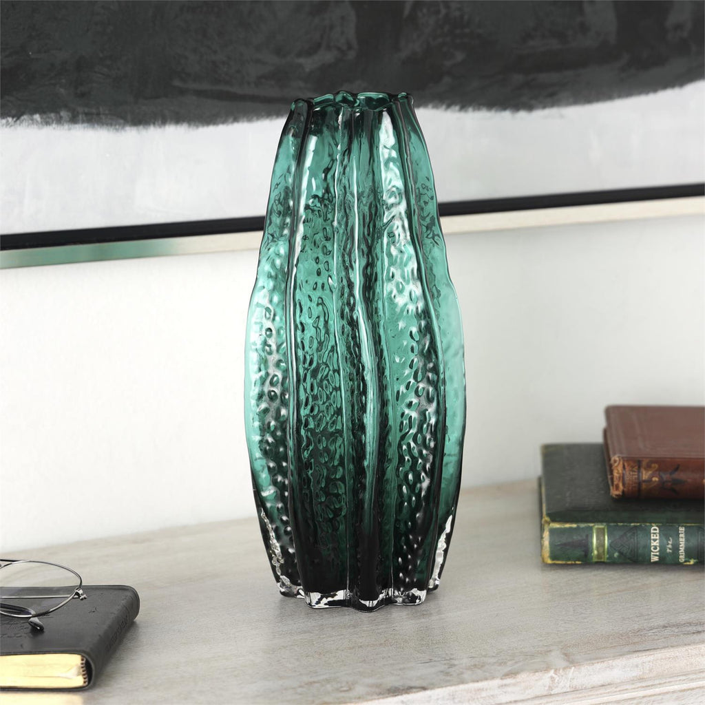 Green Glass Bubble Textured Vase