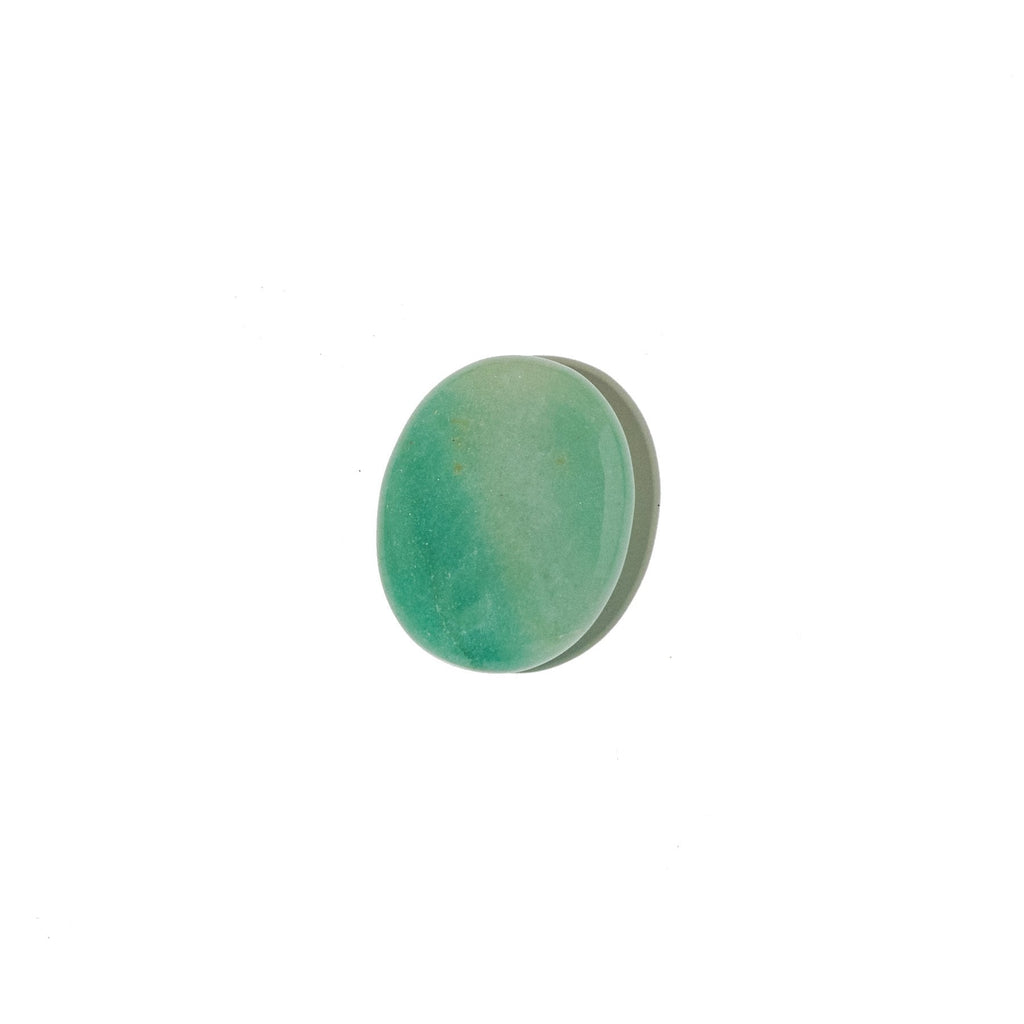 Single green aventurine palm stone positioned vertically on a white background.
