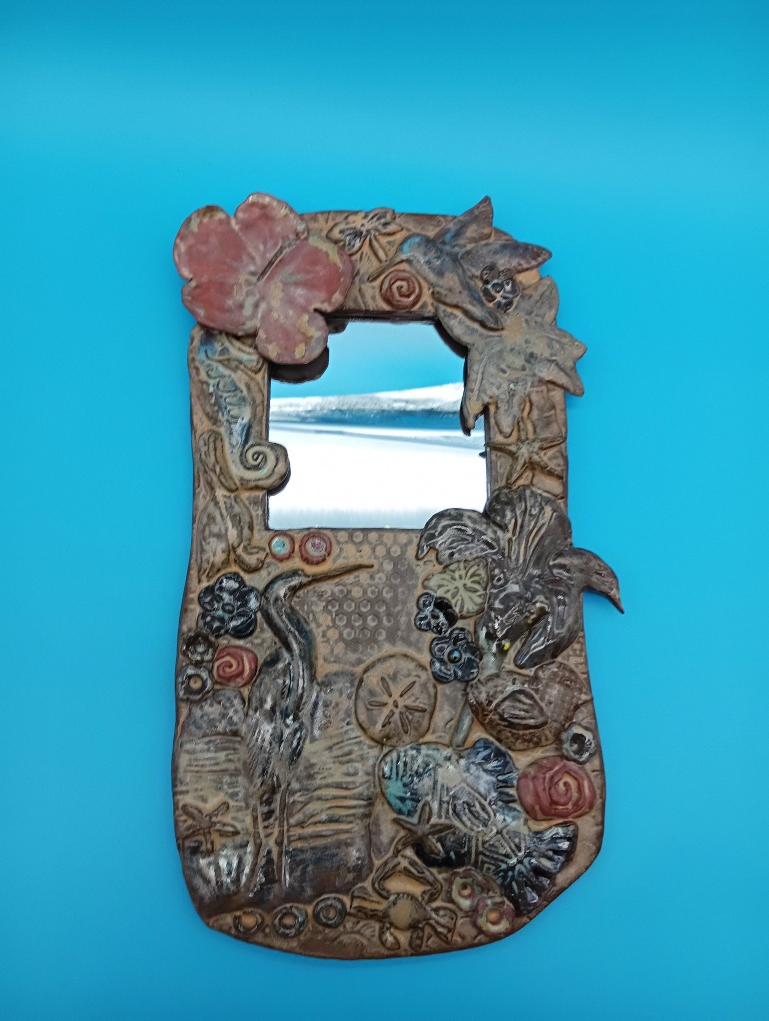 Handmade Ceramic Coastal Mirror – Hibiscus & Heron Wall Art | 13.5" x 8"