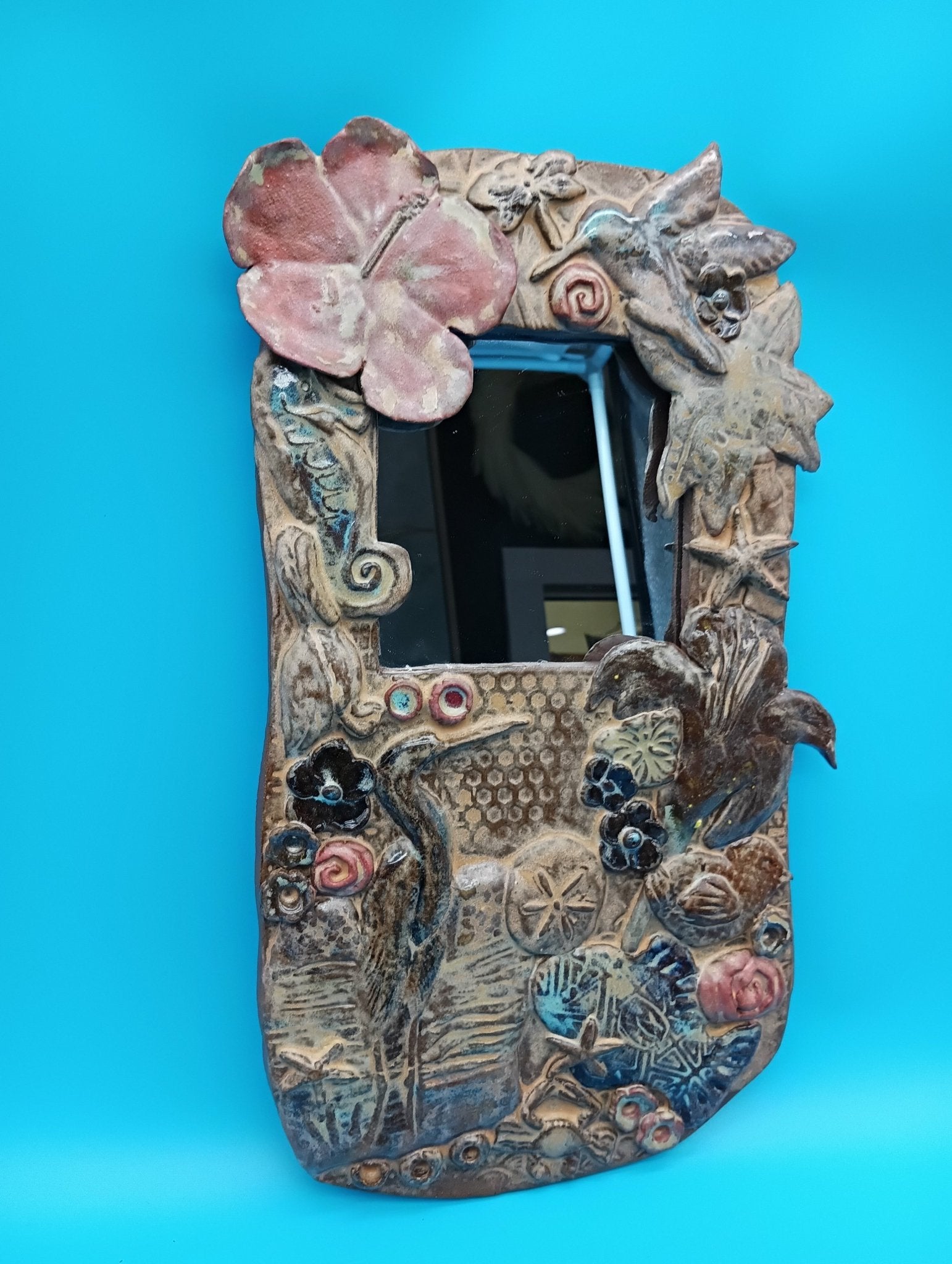 Handmade Ceramic Coastal Mirror – Hibiscus & Heron Wall Art | 13.5" x 8"
