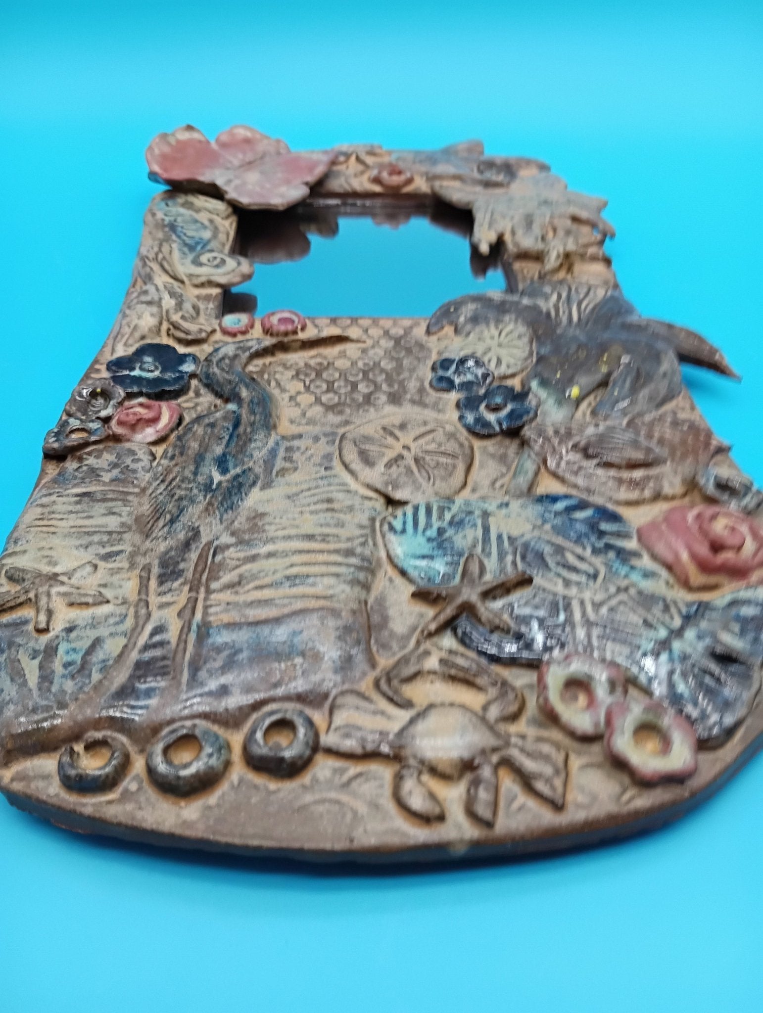 Handmade Ceramic Coastal Mirror – Hibiscus & Heron Wall Art | 13.5" x 8"