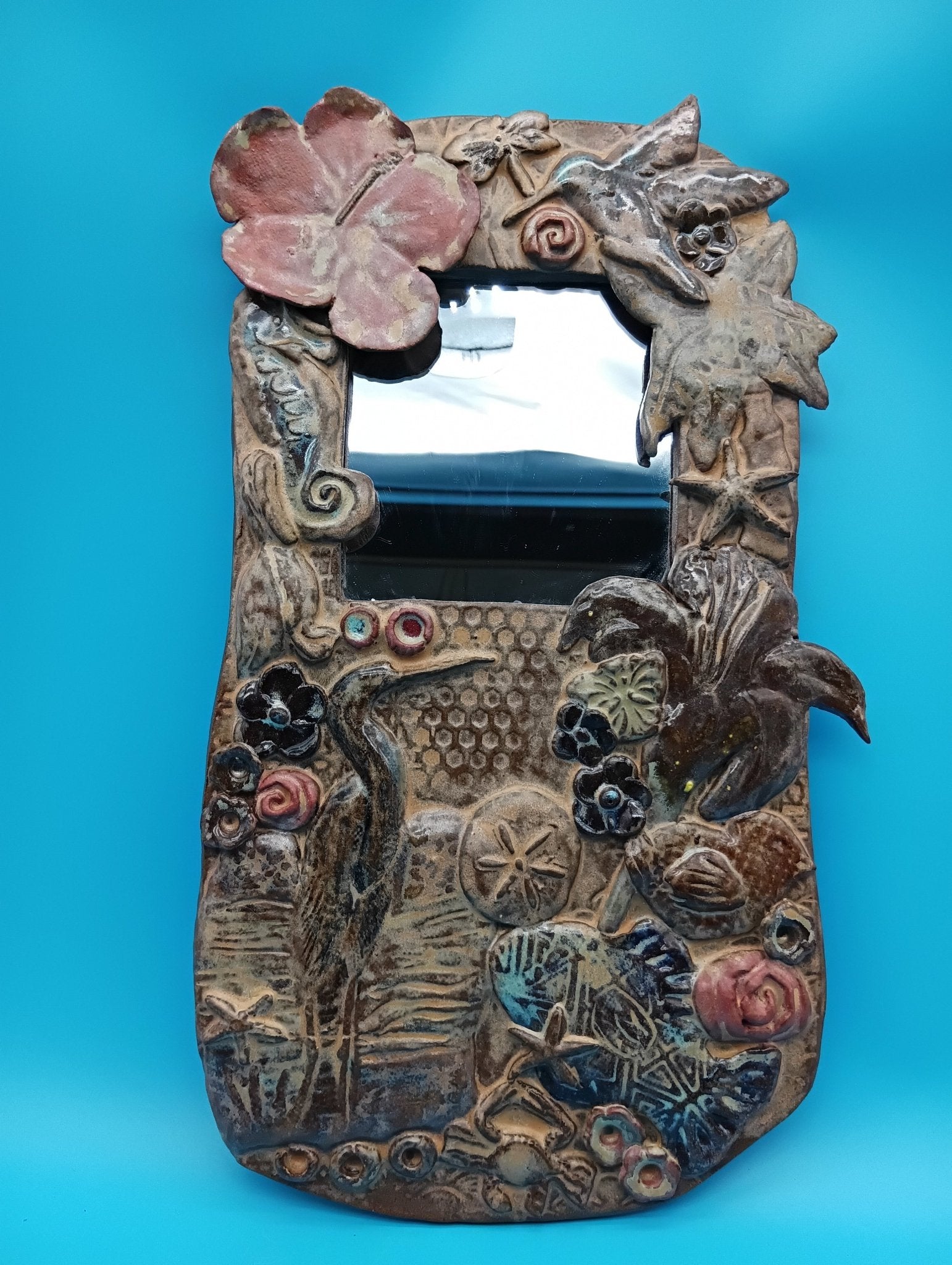 Handmade Ceramic Coastal Mirror – Hibiscus & Heron Wall Art | 13.5" x 8"