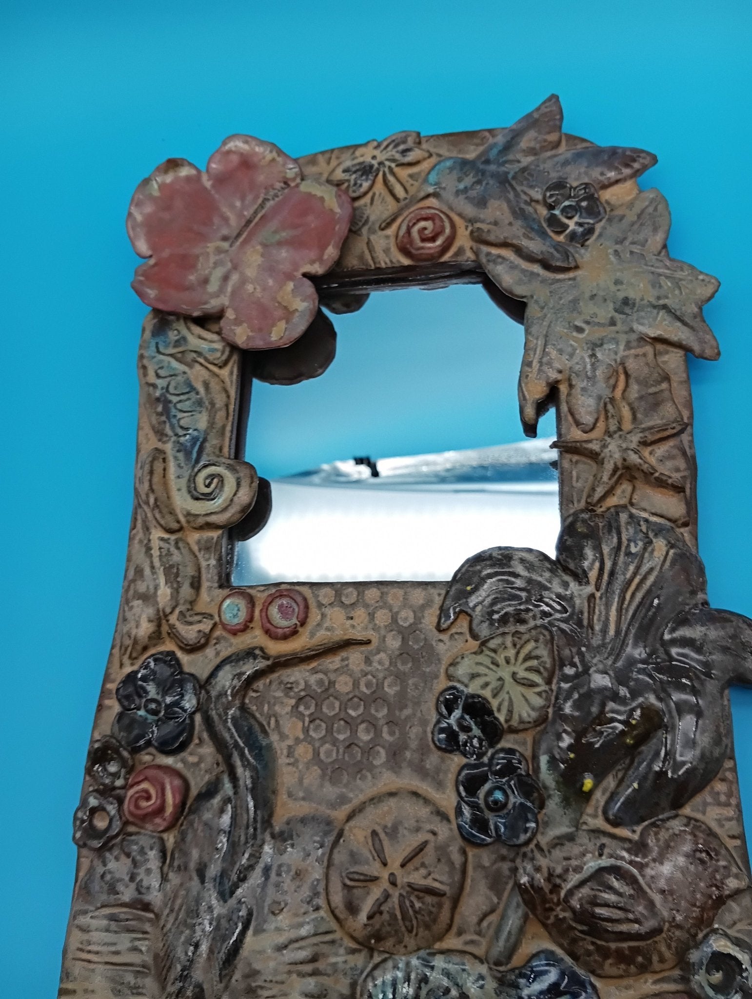 Handmade Ceramic Coastal Mirror – Hibiscus & Heron Wall Art | 13.5" x 8"