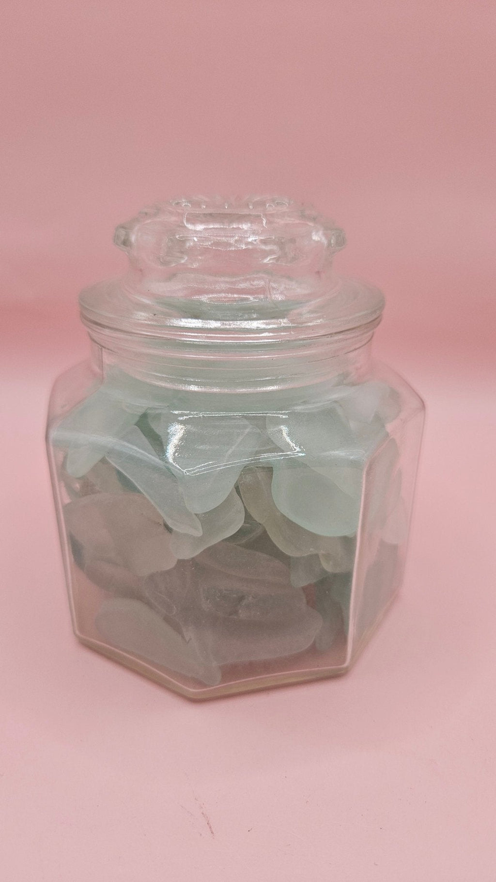 Hexagonal Glass Jar with Aqua Sea Glass