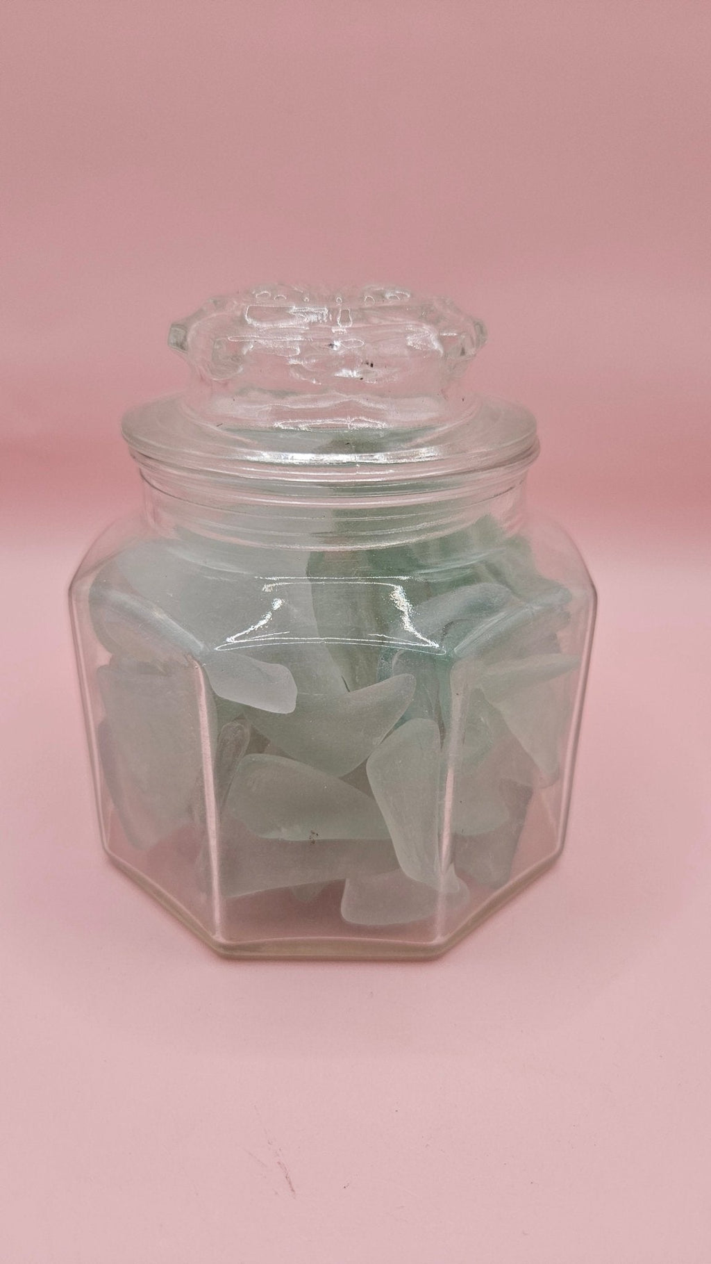 Hexagonal Glass Jar with Aqua Sea Glass