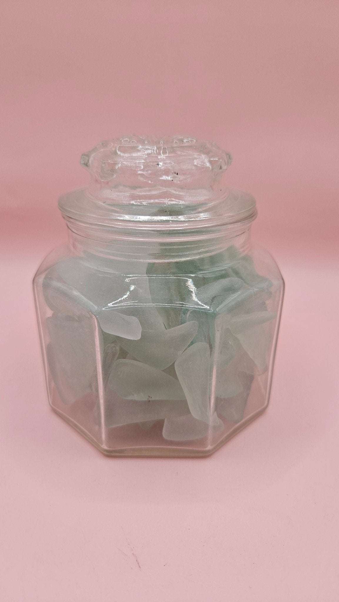 Hexagonal Glass Jar with Aqua Sea Glass