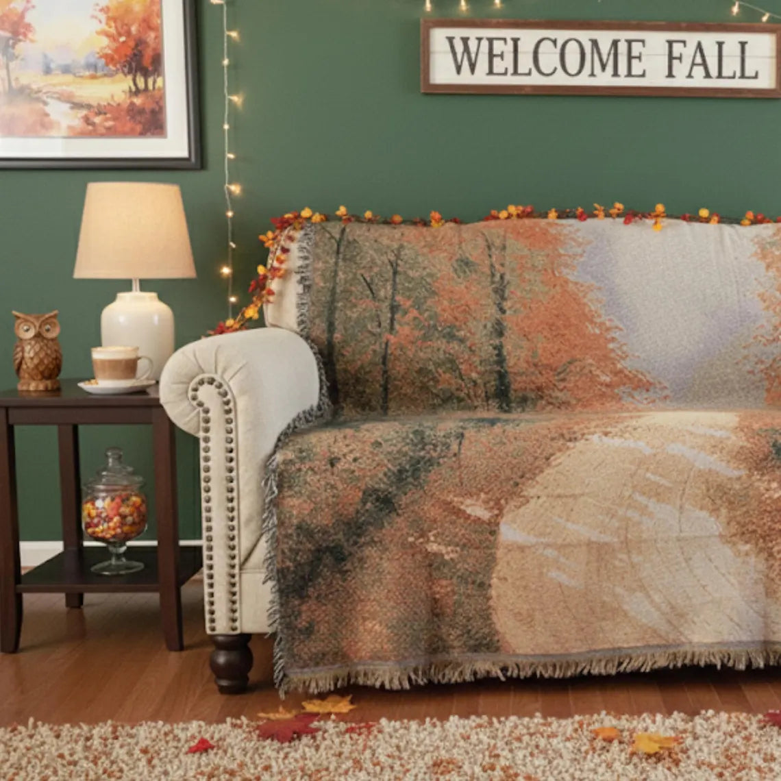 DaDa Bedding Autumn Fall Leaves & Forest Woven Tapestry Throw Blanket