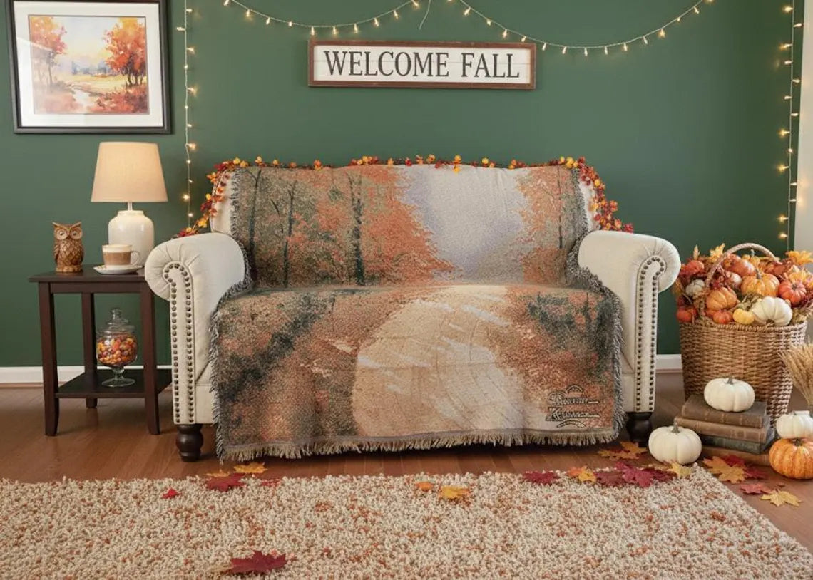 DaDa Bedding Autumn Fall Leaves & Forest Woven Tapestry Throw Blanket