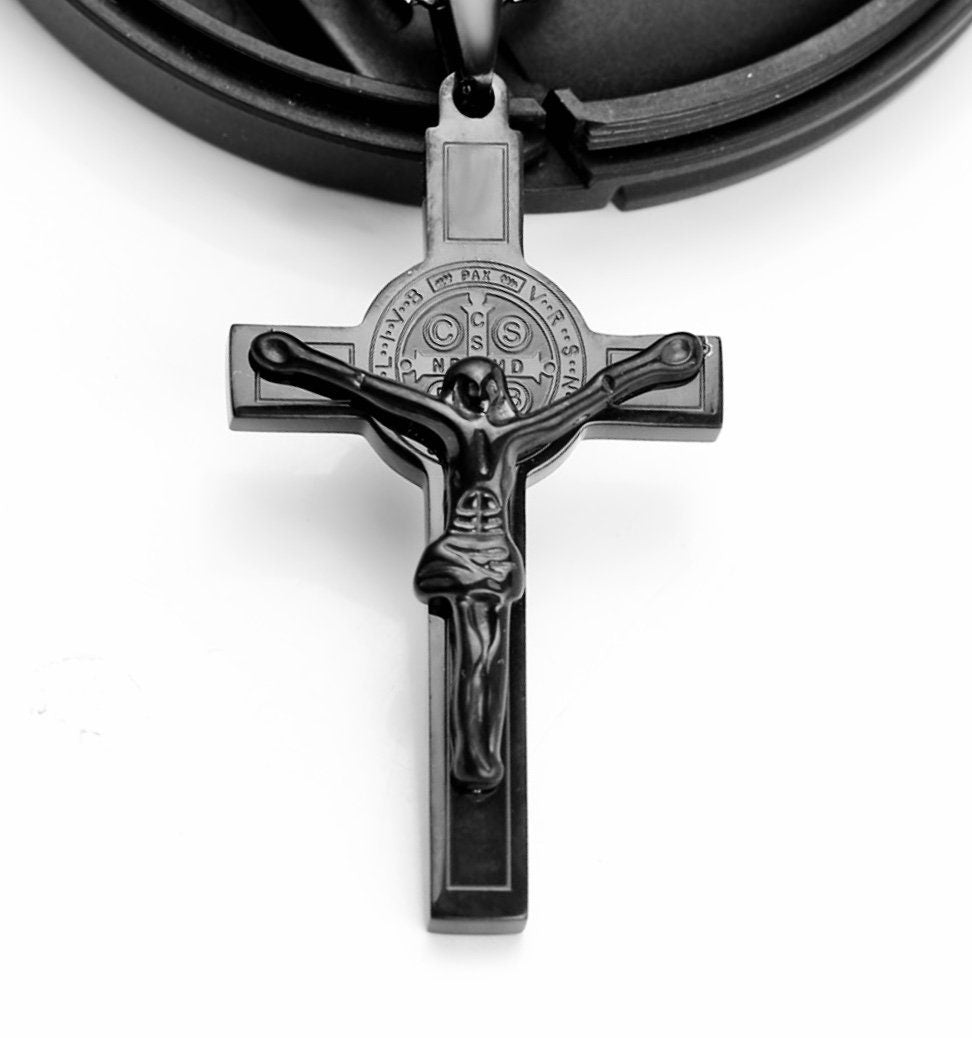 Saint Michaels All-Black Saint Benedict Crucifix Medal Cross Necklace