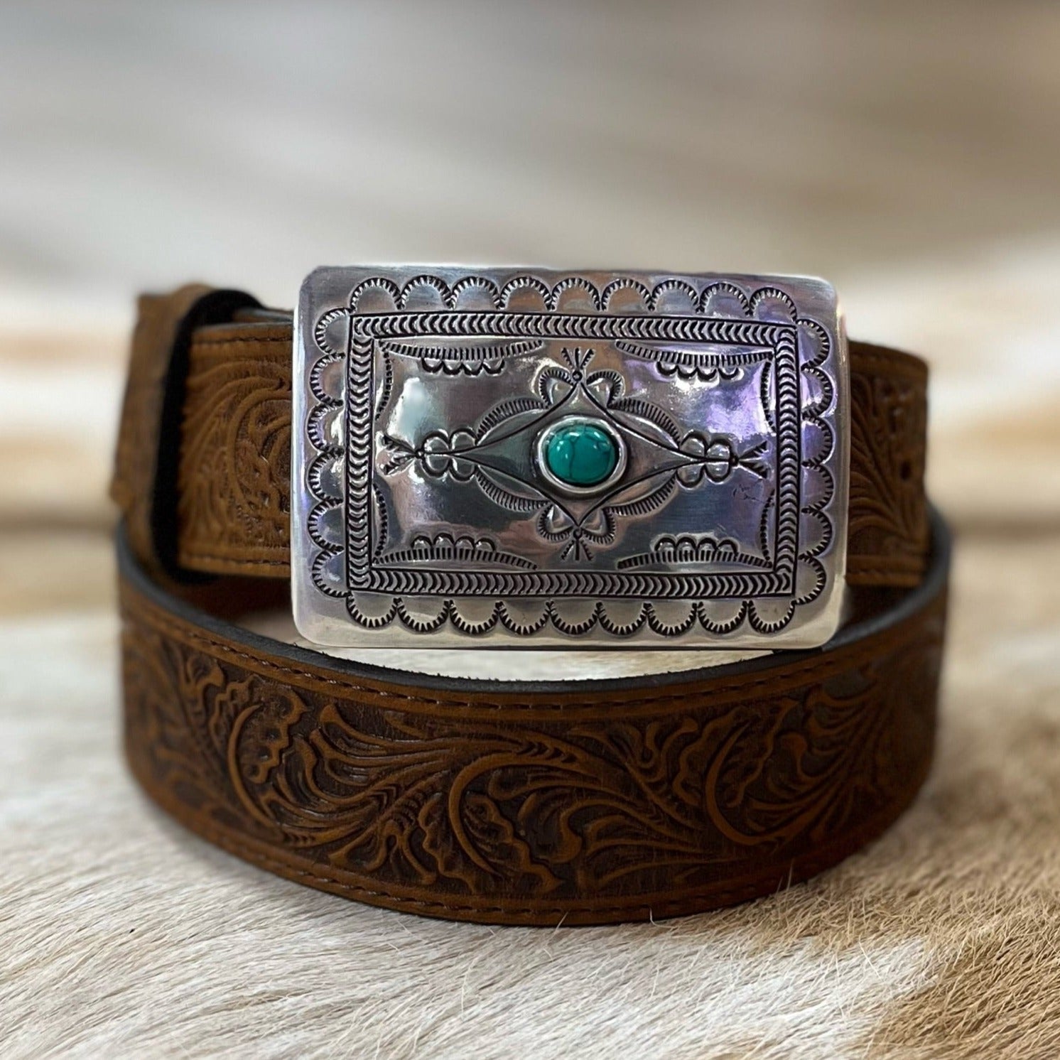 Tony Lama Women's Plain Floral Belt – Aged Bark with Navajo Turquoise Buckle