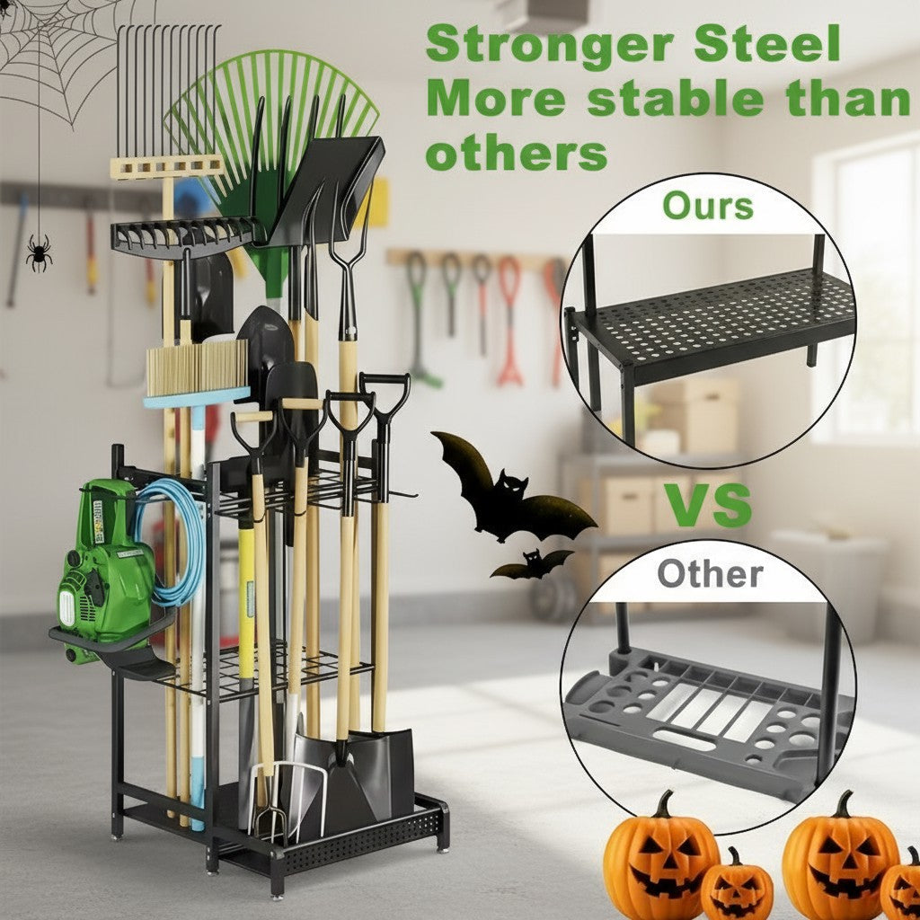 Heavy-Duty Garden Tool Organizer Rack – Holds 35 Tools, Adjustable Feet, Steel | Garage, Shed & Yard