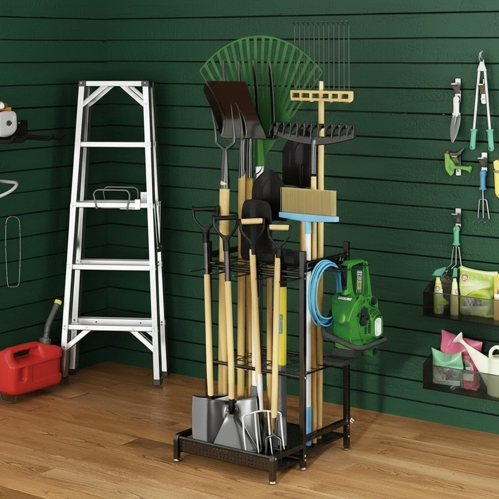 Heavy-Duty Garden Tool Organizer Rack – Holds 35 Tools, Adjustable Feet, Steel | Garage, Shed & Yard