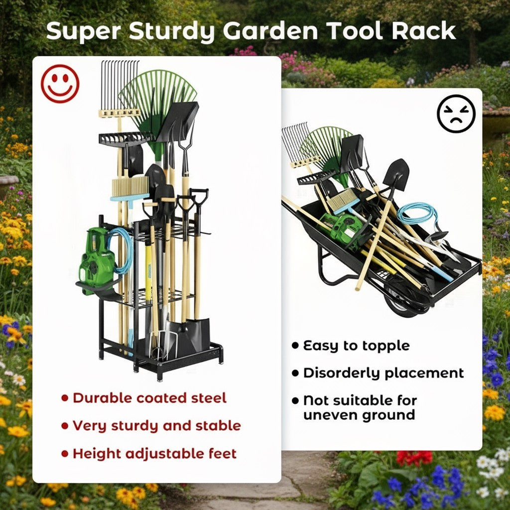 Heavy-Duty Garden Tool Organizer Rack – Holds 35 Tools, Adjustable Feet, Steel | Garage, Shed & Yard