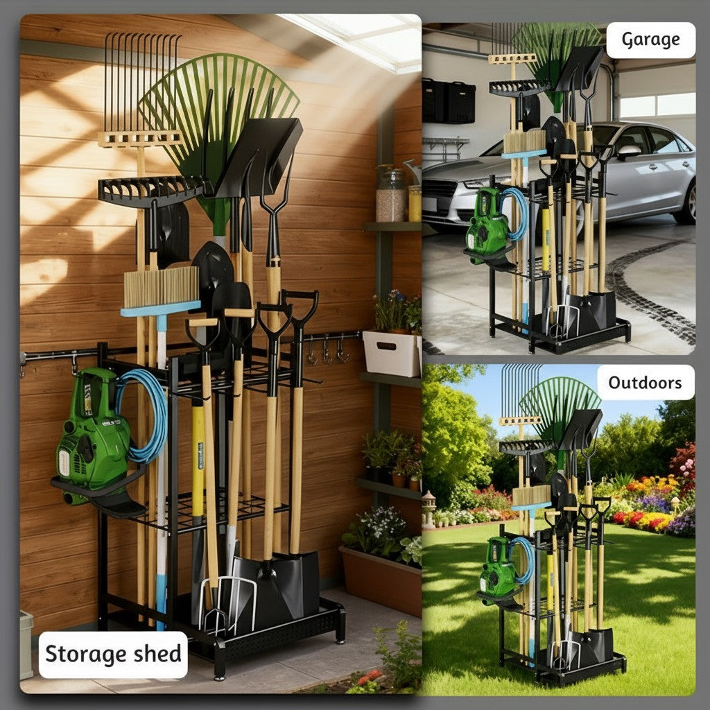 Heavy-Duty Garden Tool Organizer Rack – Holds 35 Tools, Adjustable Feet, Steel | Garage, Shed & Yard