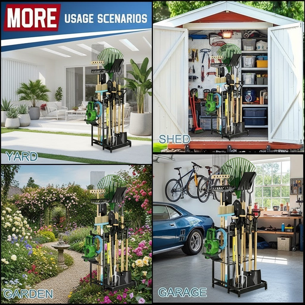 Heavy-Duty Garden Tool Organizer Rack – Holds 35 Tools, Adjustable Feet, Steel | Garage, Shed & Yard