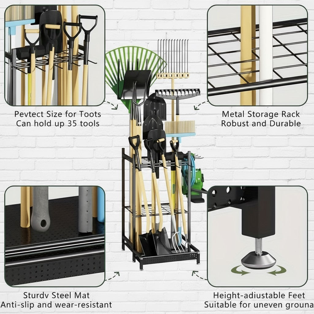 Heavy-Duty Garden Tool Organizer Rack – Holds 35 Tools, Adjustable Feet, Steel | Garage, Shed & Yard