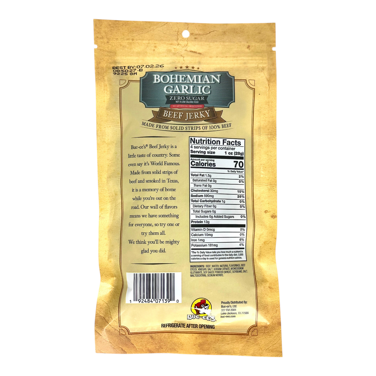 Buc-ee's Bohemian Garlic Zero Sugar Beef Jerky