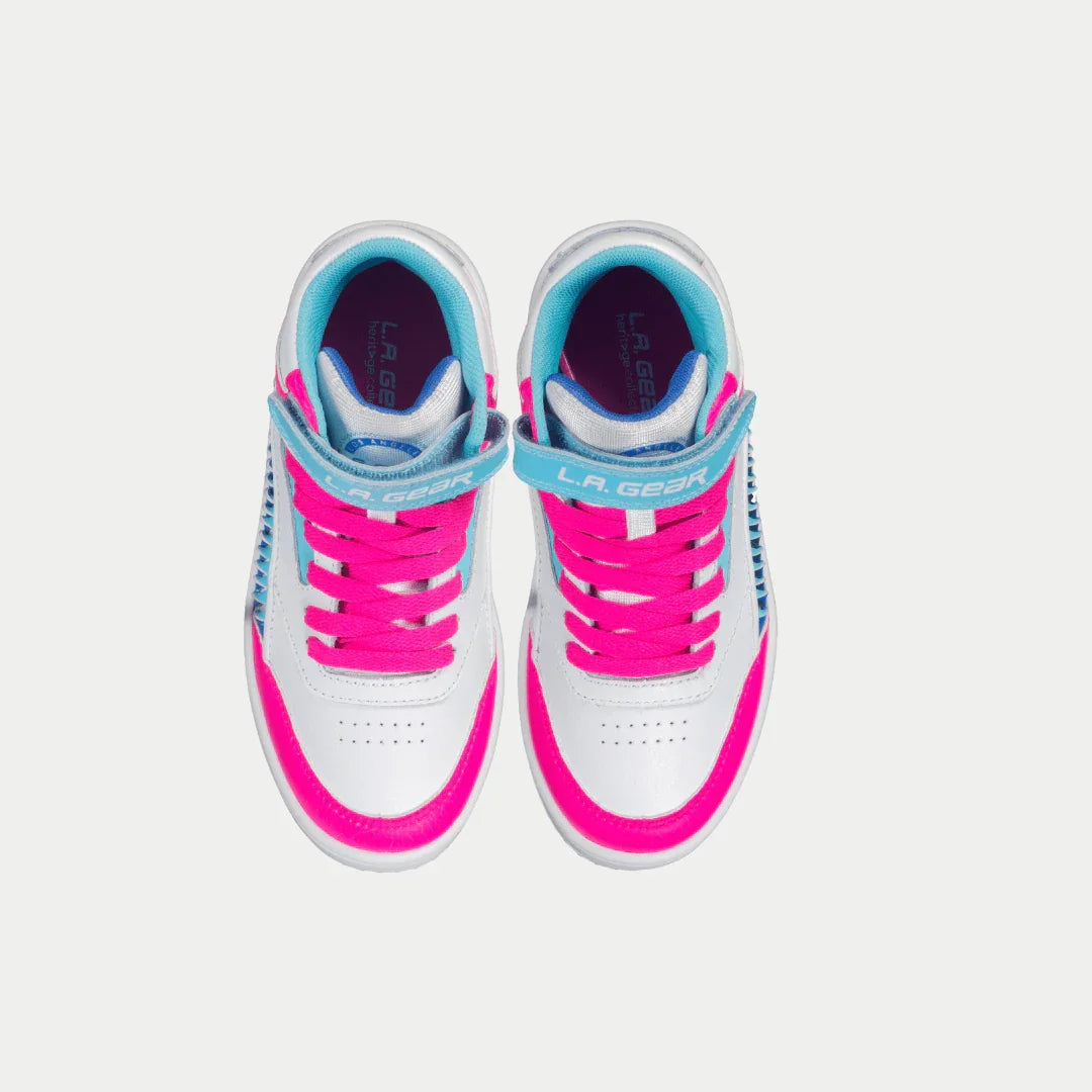 LA Gear Kids Flame High-Top Sneaker – White x Pink x Blue