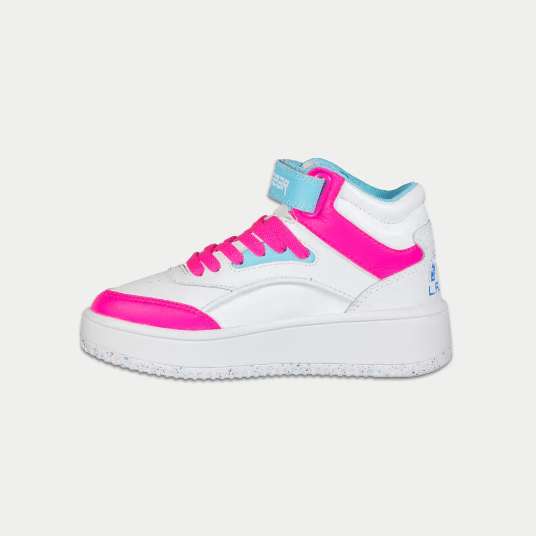 LA Gear Kids Flame High-Top Sneaker – White x Pink x Blue
