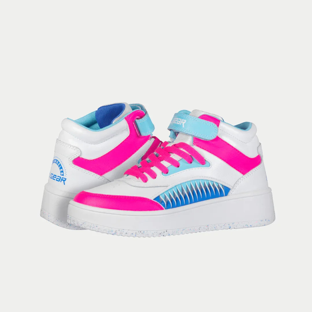 LA Gear Kids Flame High-Top Sneaker – White x Pink x Blue