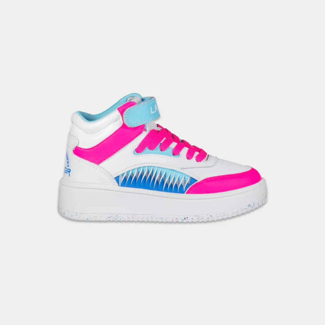 LA Gear Kids Flame High-Top Sneaker – White x Pink x Blue