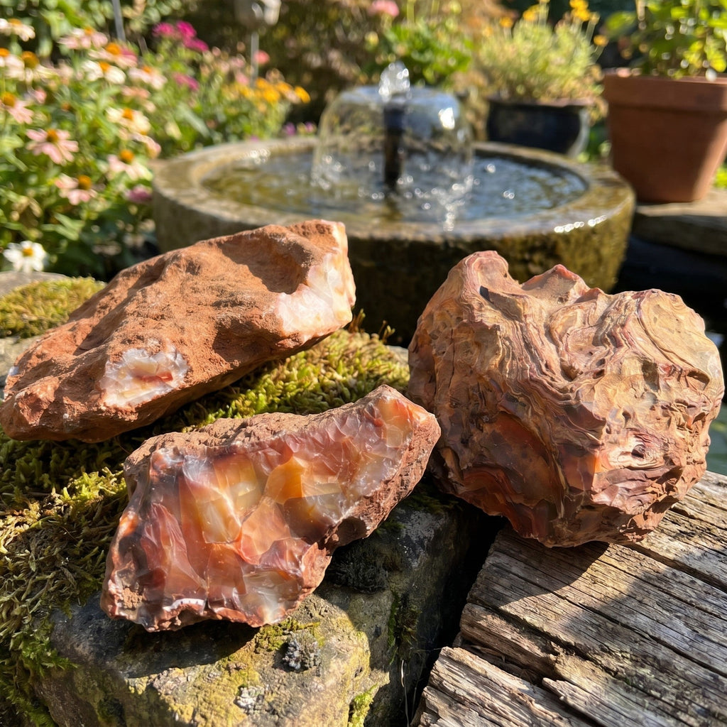 Three large rough carnelian agate stones arranged on mossy rocks and wood near a garden fountain