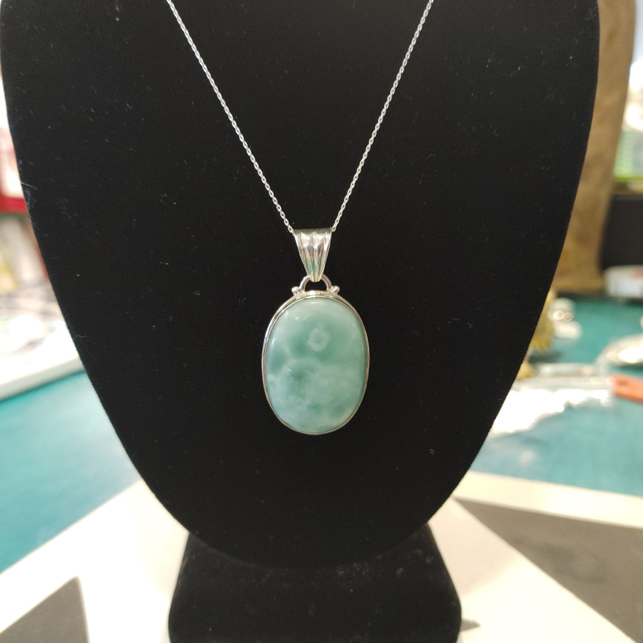 Larimar Large Oval Pendant | Sterling Silver | 1" x 1.5" | Rare Caribbean Blue Gemstone