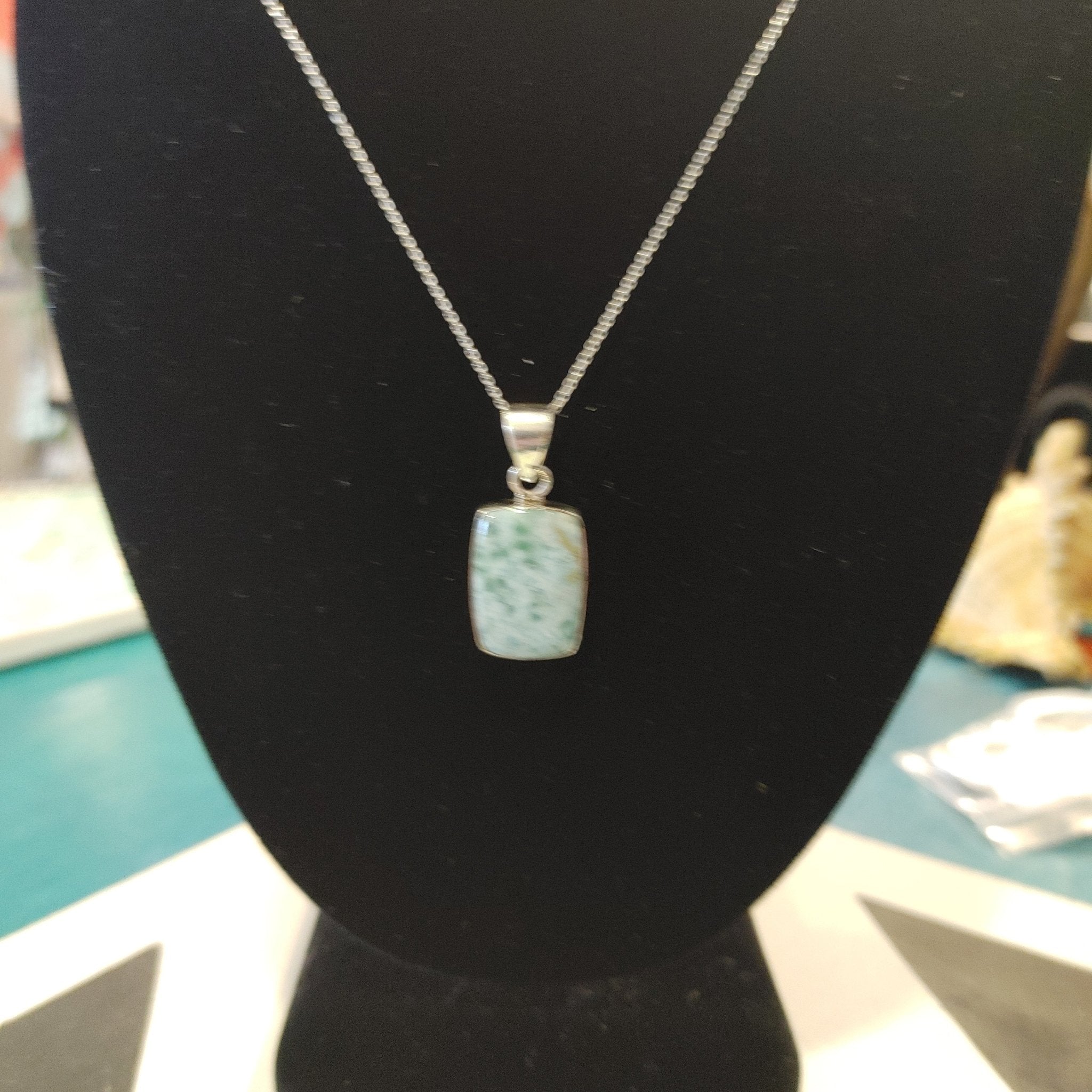 Larimar Rectangle Pendant | Sterling Silver | 0.75" x 0.5" | Caribbean Blue Gemstone