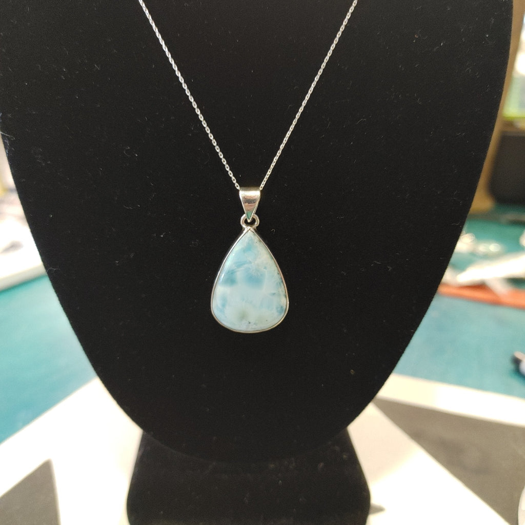 Larimar Teardrop Pendant | Sterling Silver | 1" x 1.25" | Rare Caribbean Blue Gemstone