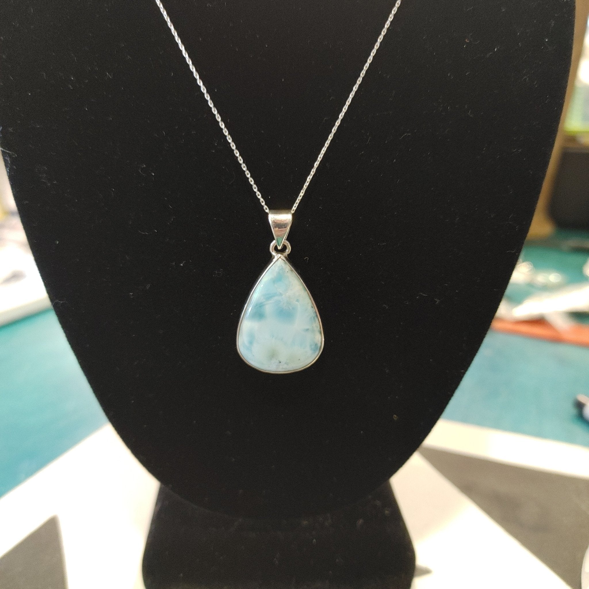 Larimar Teardrop Pendant | Sterling Silver | 1" x 1.25" | Rare Caribbean Blue Gemstone
