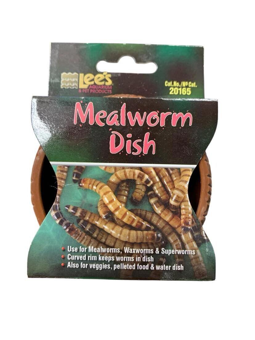 Lee's Mealworm Dish in its original retail packaging, featuring a brown plastic curved dish visible through a clear window on a green and black cardboard backing.