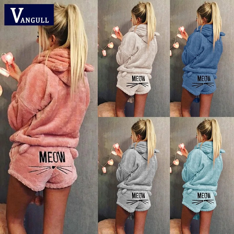 Women's Plush Hoodie & Shorts Pajama Loungewear Set