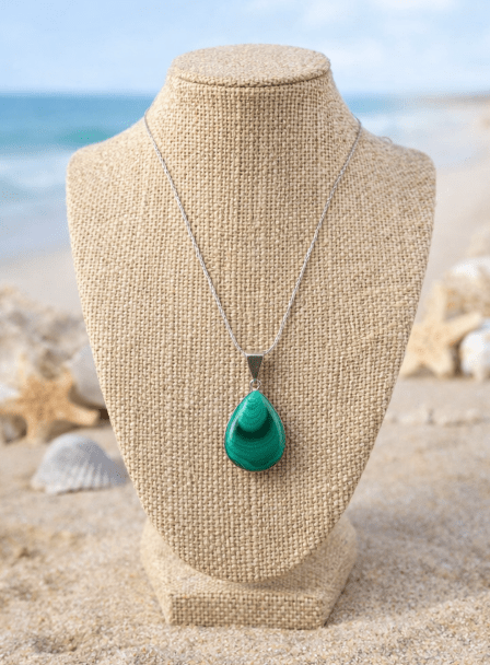 Natural Malachite Teardrop Pendant – Sterling Silver Bail | 1.5" | Coastal Gemstone Jewelry