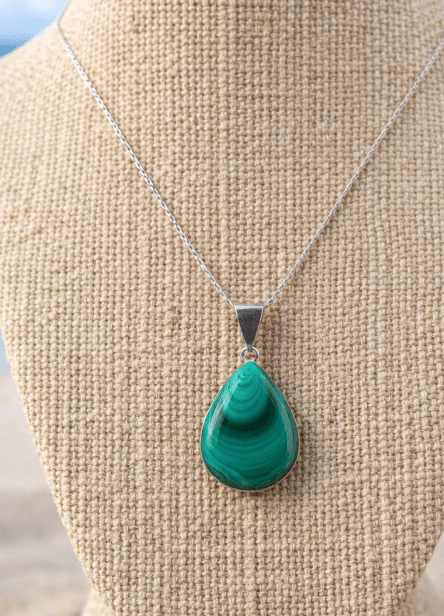 Natural Malachite Teardrop Pendant – Sterling Silver Bail | 1.5" | Coastal Gemstone Jewelry