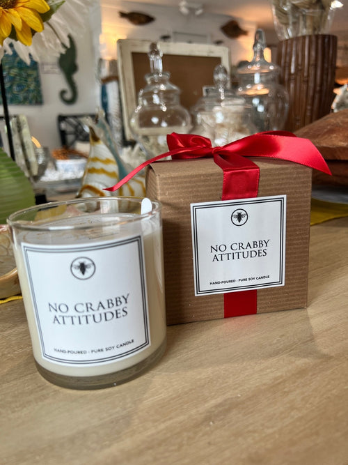 "No Crabby Attitudes" Soy Candle – 11oz | Leather, Tea & Pomegranate | 60-Hour Coastal Gift Candle