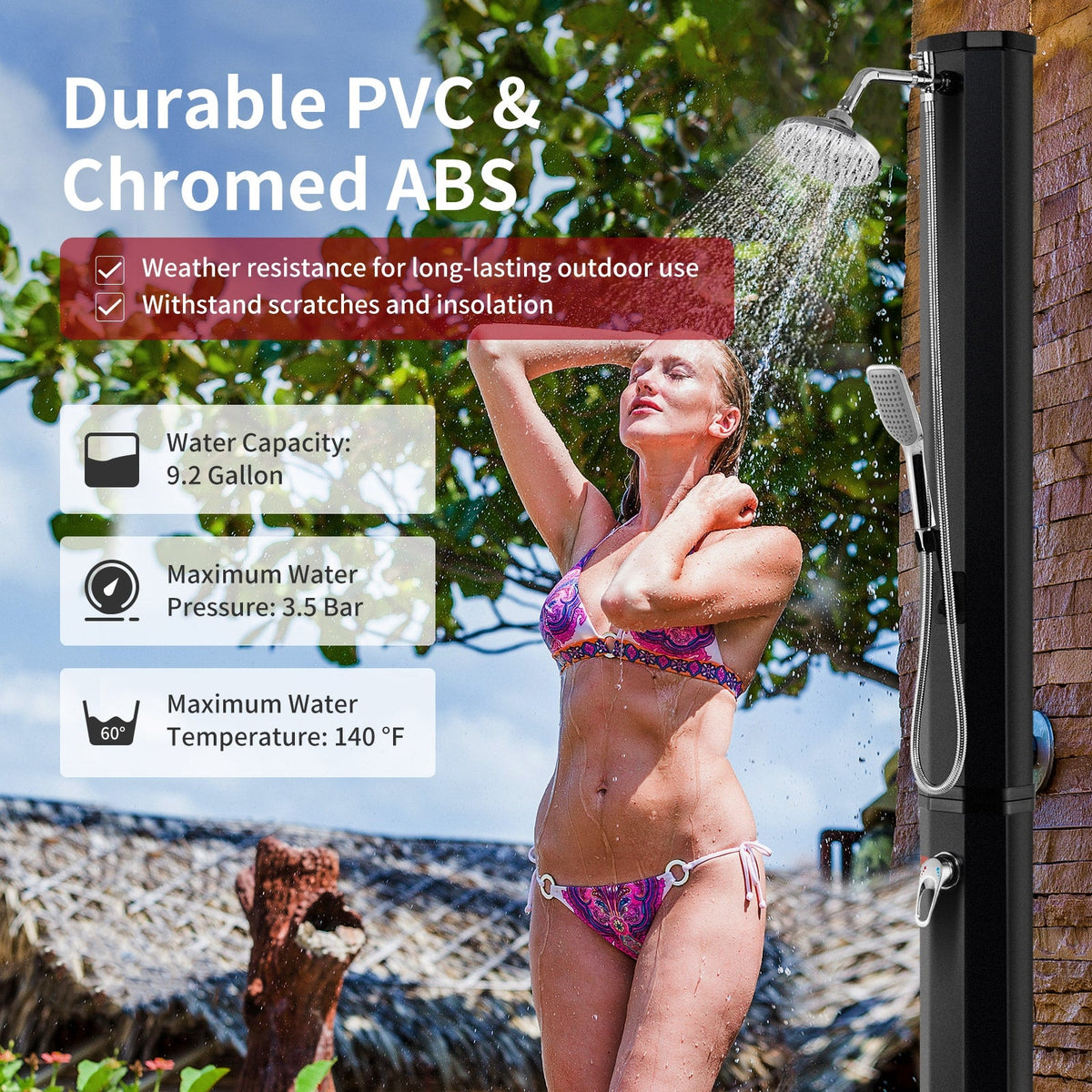 Solar Heated Outdoor Shower with Rain Head & Handheld Wand