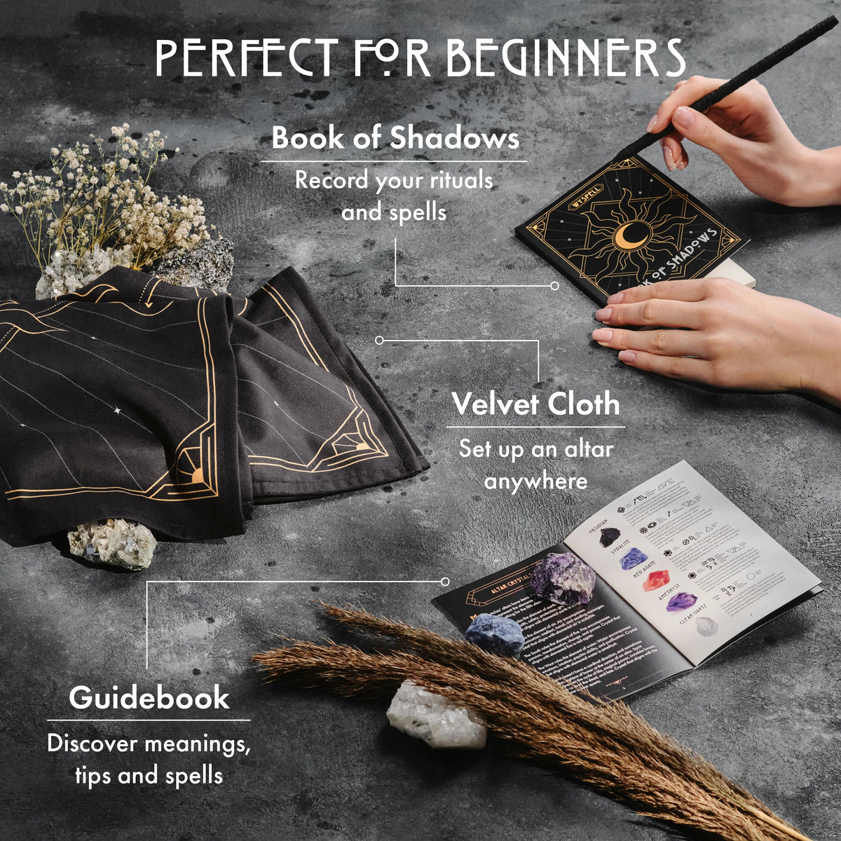 Book of Shadows notebook, black-and-gold velvet altar cloth, and open crystal guidebook.
