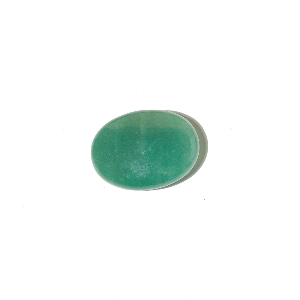 Single oval polished green aventurine palm stone positioned horizontally on a white background.
