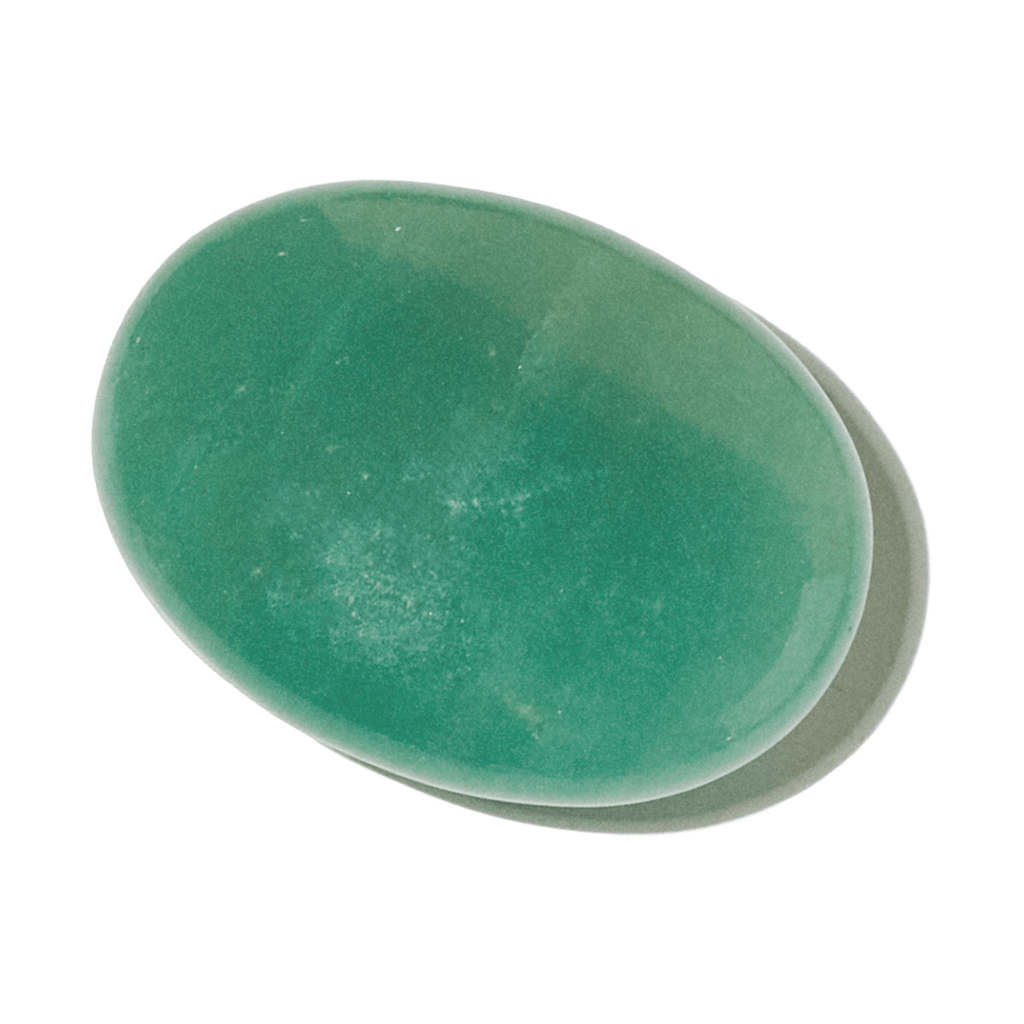 Close-up of an oval polished green aventurine palm stone with soft cloudy markings on white.
