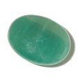 Close-up of an oval polished green aventurine palm stone with soft cloudy markings on white.
