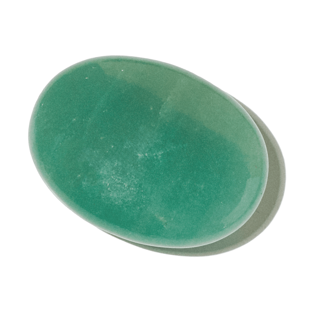 Close-up of an oval polished green aventurine palm stone with soft cloudy markings on white.
