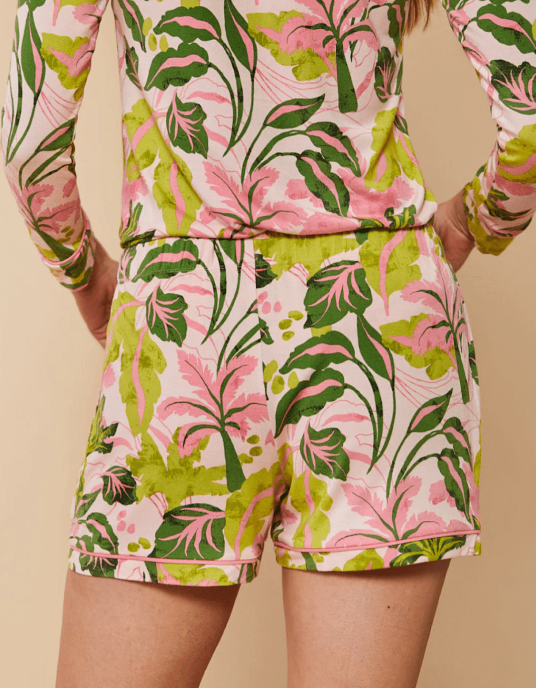Palm Leaf Pajama Shorts – Modal Knit | Drawstring Waist | Contrast Piping | Coastal Sleepwear